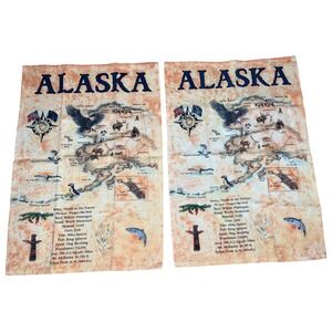 2 Alaska Map Souvenir Tea Towel Kitchen Decor Eagle Bear Salmon Art Print
